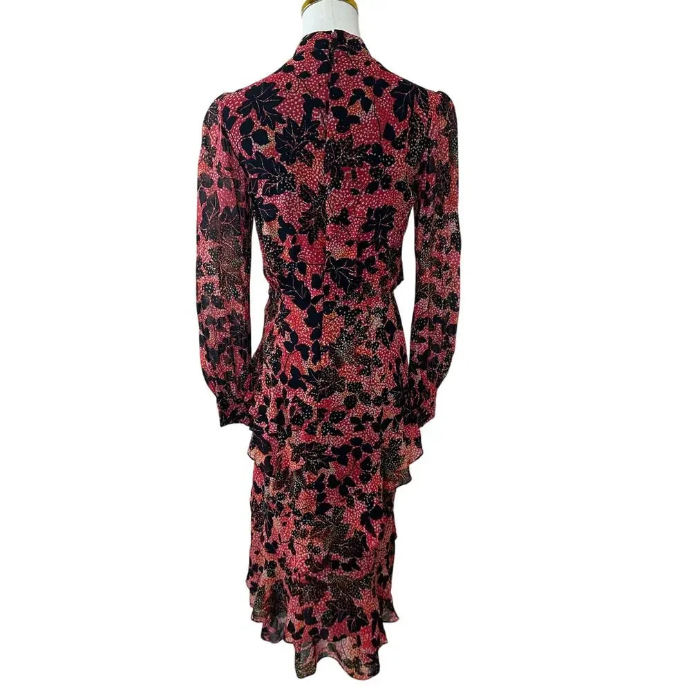 Saloni Floral Chiffon Midi Dress SIZE 4 Silk Ruffle Mockneck Work Designer $700 - Picture 11 of 12